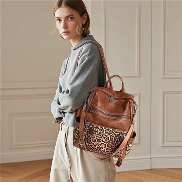 Vegan Leather Backpack for Women Leopard Brown - Picture 5 of 7